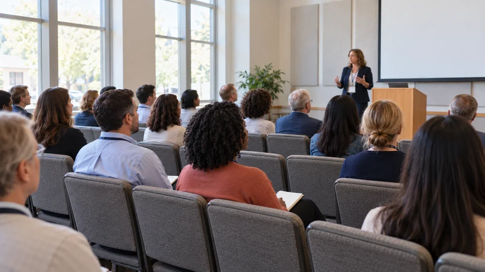Attendees listen to a speaker during a nonprofit conference session.