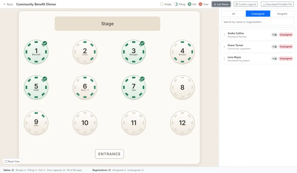 AnyRegistration floor-plan assignment screen: twelve round tables with a mark for every seat, full tables checked, and unassigned registrations beside the room.