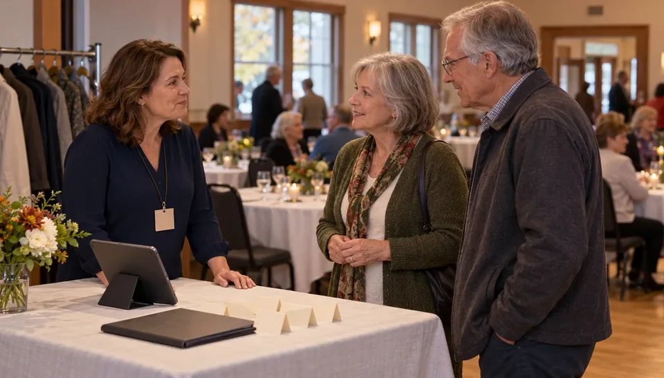 A volunteer welcomes a couple at a nonprofit fundraising dinner.