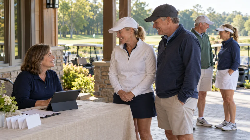 A volunteer welcomes golfers at a clubhouse.